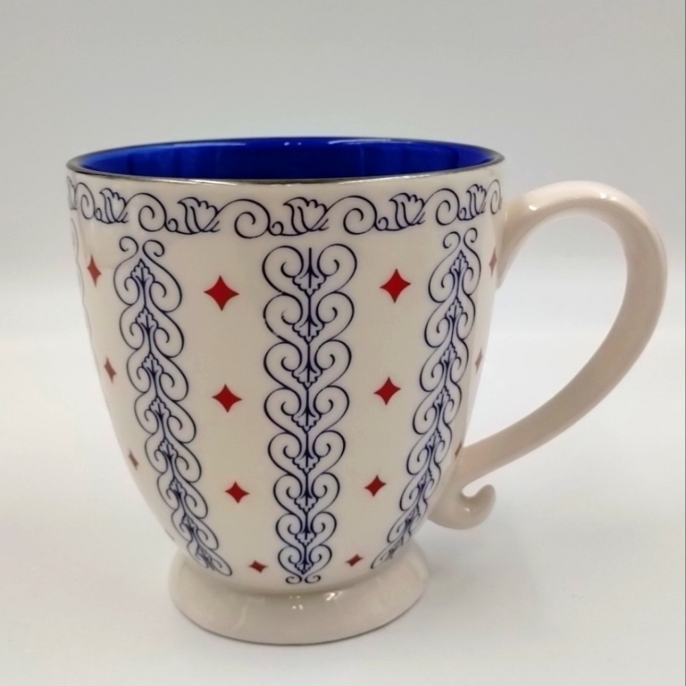 2003 Starbucks Barista Coffee Cup Mug White Blue Scroll Red Diamonds 18oz